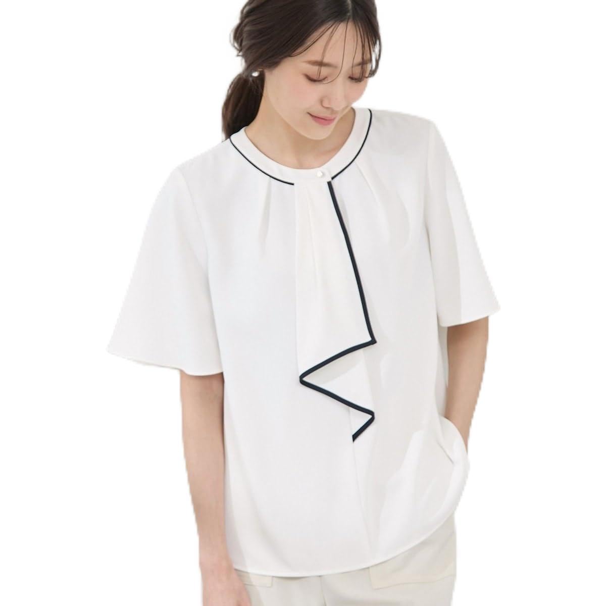 

ROPE PICNIC Blouse Half Sleeve White [WEB-EXCLUSIVE SIZE] Color-Coordinated Bowtie-Style Blouse/Commuter-Friendly, Women s, (12)