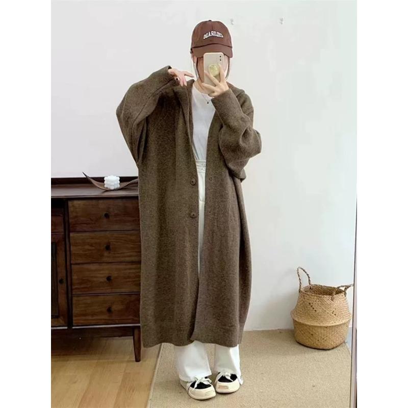 

Ленивый длинный вязаный кардиган с капюшоном для женщин, осенний женский свитер длиной до колена, длинная куртка для женщин, удобная, универсальная и модная One Size верблюд