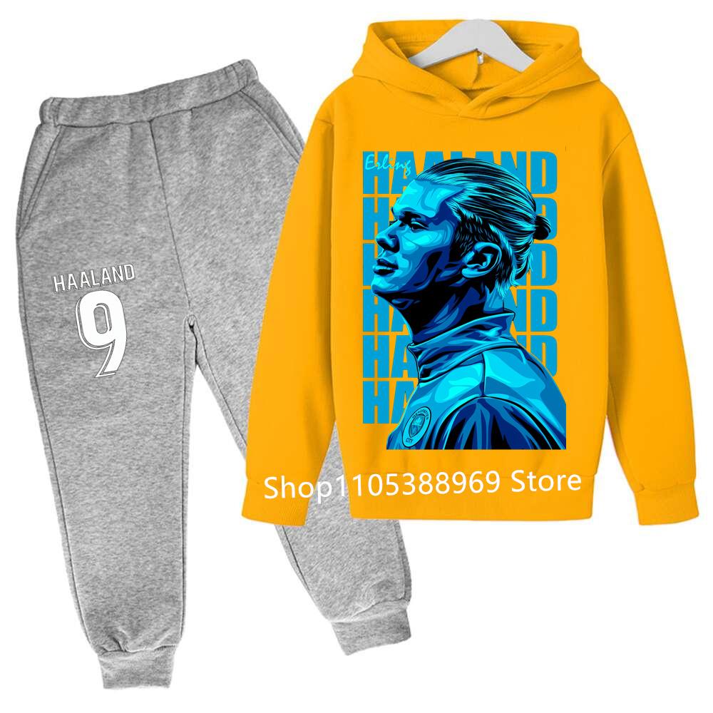 Boys Haaland Cartoon Football Tracksuit 2 Piece Hoodie and Jogger Pants Set Kids Graphic Print Sport Outfit