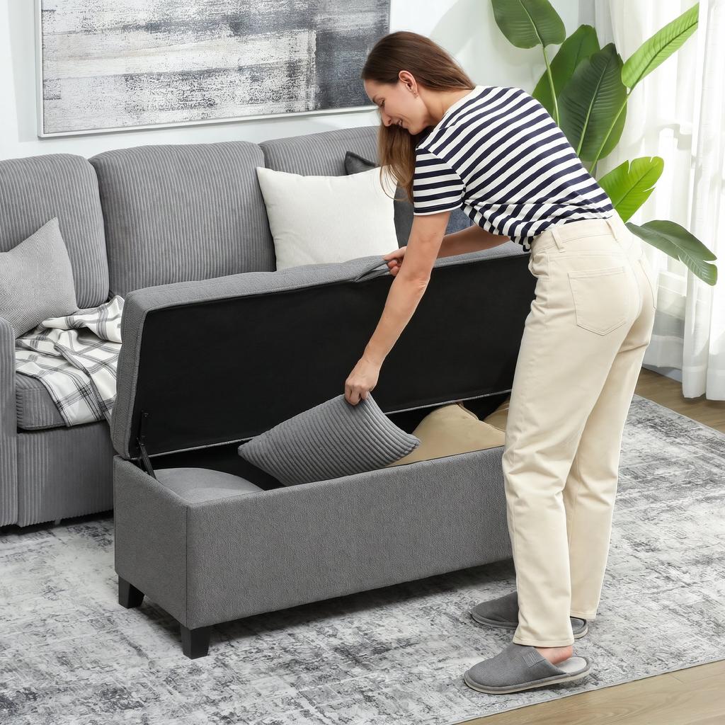 Storage Bench, Upholstered Bench 120x40x48 Cm with Safety Hinges, Linen Look, Dark Gray