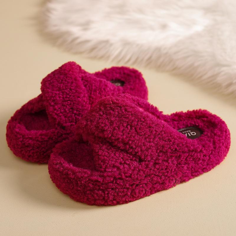 2025 autumn and winter new Korean version of cute fluffy slippers women wear thick bottom home fluff one-word cotton slippers