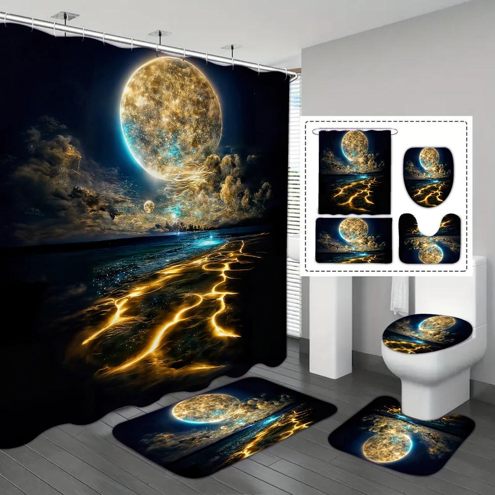 

Набор из 4 предметов Водонепроницаемая шторка для душа с рисунком Звездной реки и Луны с 12 крючками, Принтованная шторка, Коврик для ванной 180*180cm
