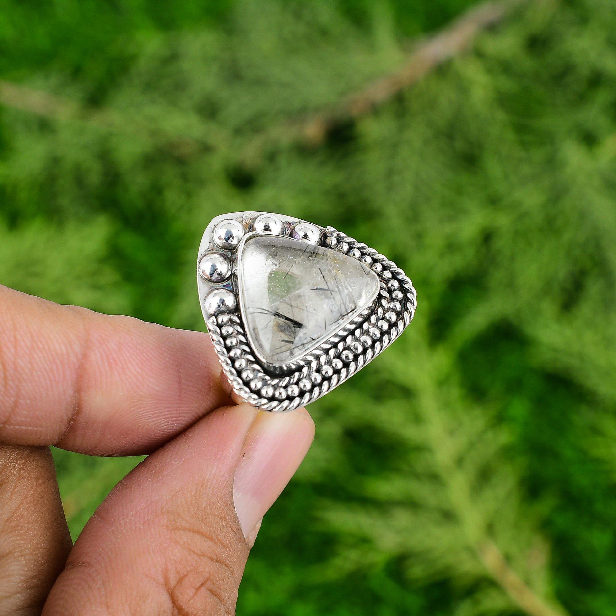 

Распродажа в честь Дня благодарения Кольцо-солитер из серебра 925 пробы с камнем черный рутиловый кварц Adjustable