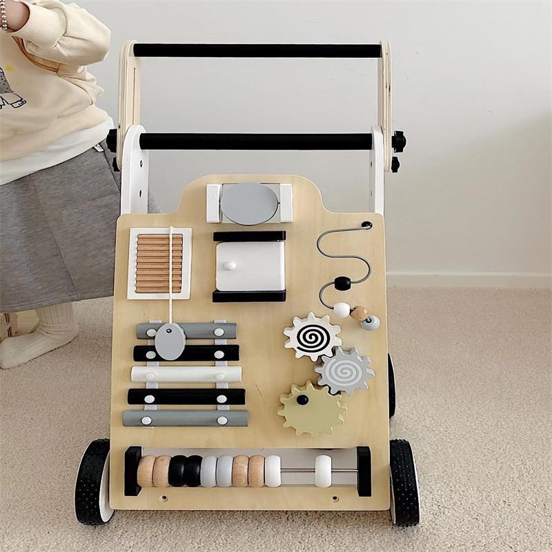 Ins Nordic Style Shopping Slidable Toddler Trolley Wooden Beads Percussion Gears Cognitive Playhouse Toys