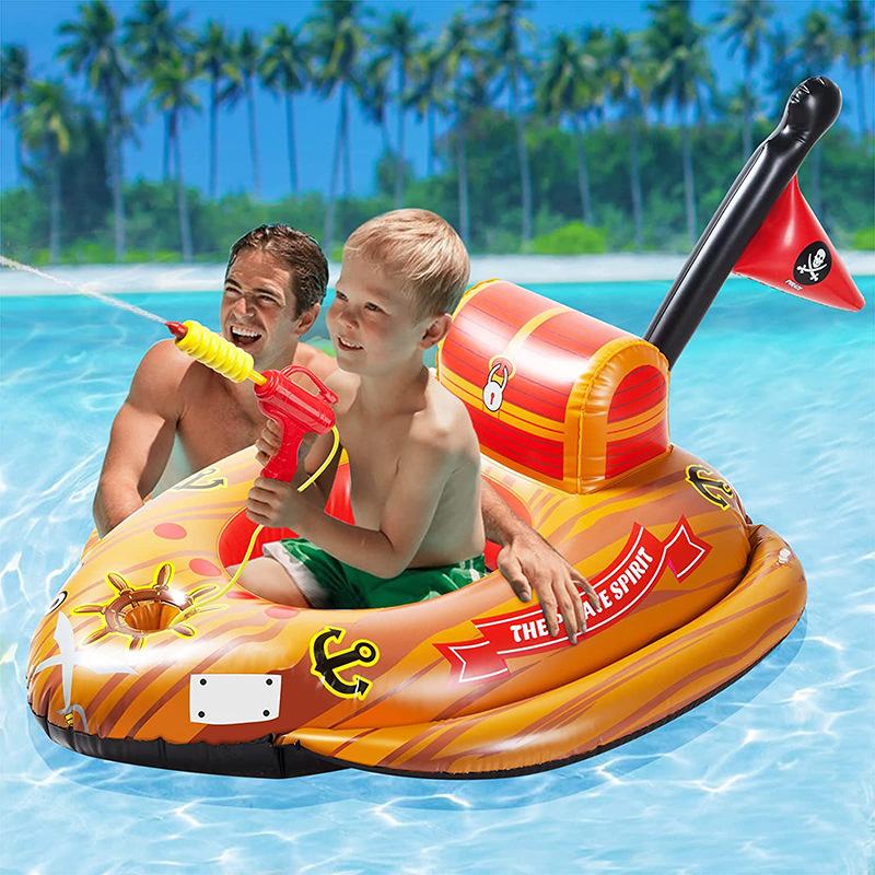 Inflatable Pirate Ship Water Play Toy  Kids Aquatic Tank Seat Ring with Sprayer, Pool Water Sprinkler Car Swimming Ring