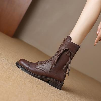 Mode NOUVELLES Bottes d'Automne pour Femmes Chaussures en Cuir Véritable pour Femmes Bout Rond Chaussures à Talon Carré Bottines à Fermeture Éclair Bottes à Lacets de Créateur