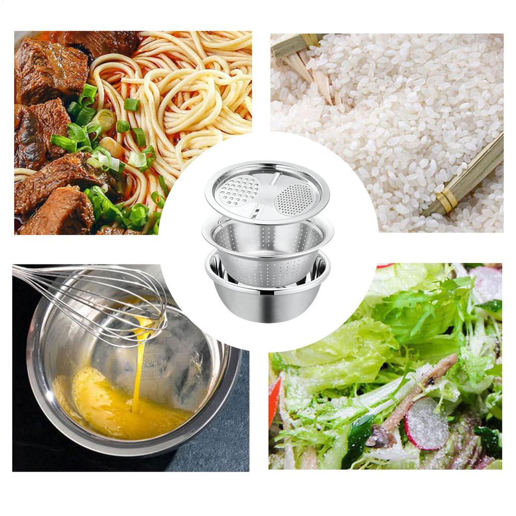 Stainless Steel Strainer Bowl Multipurpose Draining Basin With Grater Food Drainer Mixing Bowl Set For Meal Prep Salad Making