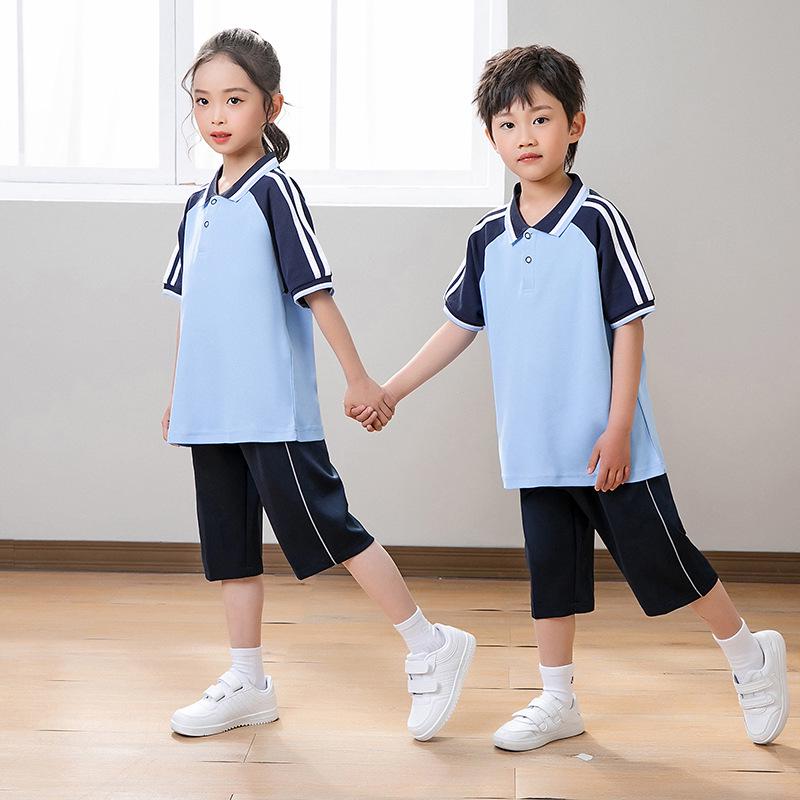 Unisex Summer Blue Short Sleeve Uniform Set for Junior High Graduation and Sports Events
