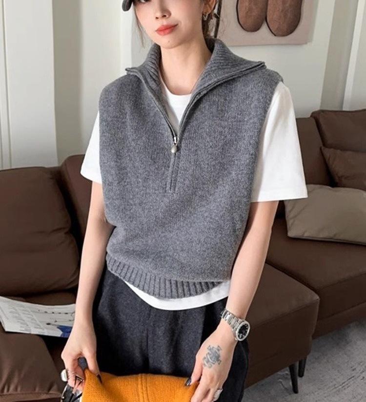 Slack retro half zipper sleeveless knitted vest chic stacked foreign style age-reducing top casual vest