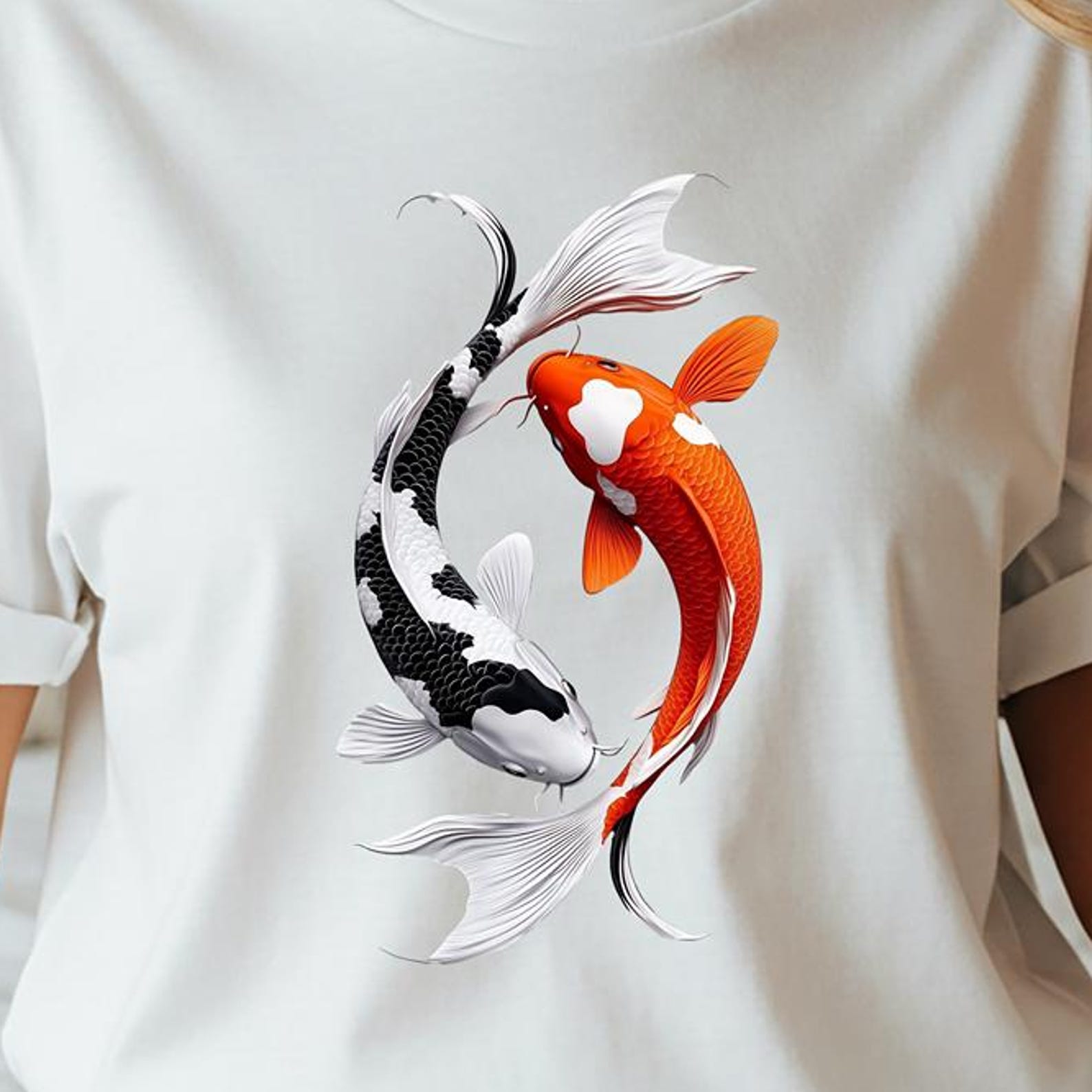 Yin Yang Koi Fish Graphic T-Shirt, Japanese Zen Tattoo Style S