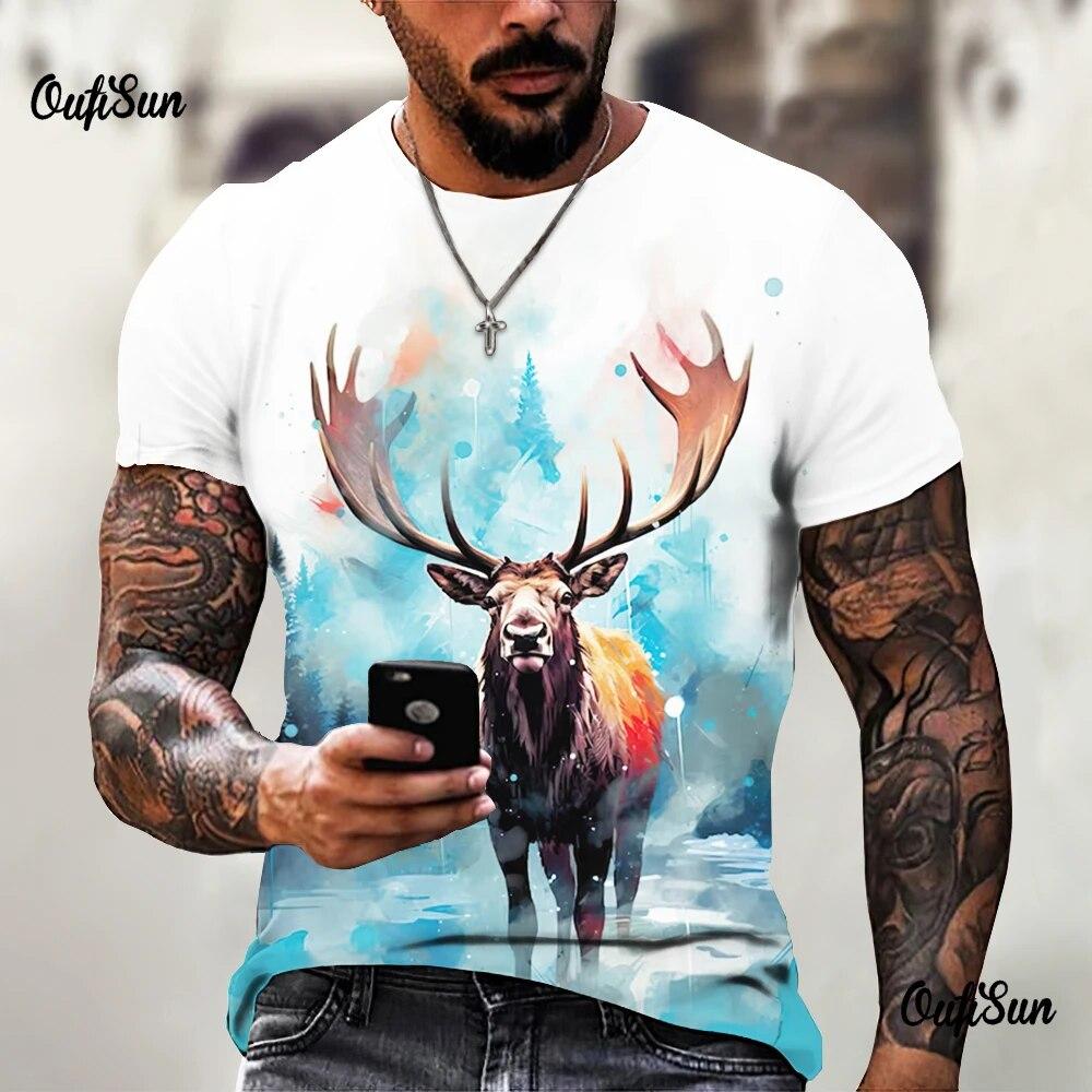

Винтажная летняя футболка с короткими рукавами и 3d принтом лося, мужской повседневный пуловер с круглым вырезом, мужская футболка большого размера, одежда 2XL