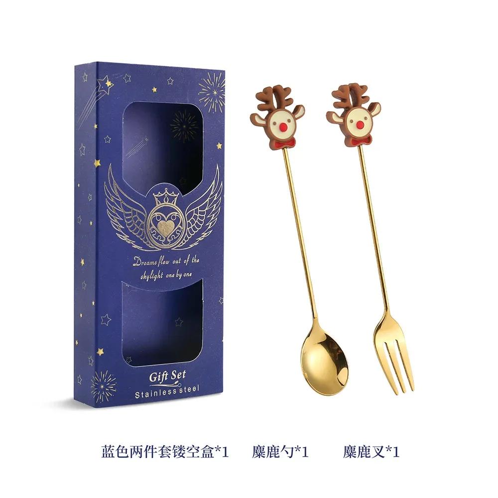 2025 Christmas Spoon and Fork Set Stainless Steel Creative Tableware Coffee Tea Dessert Spoon Spoons with Gift Box 6Pcs New