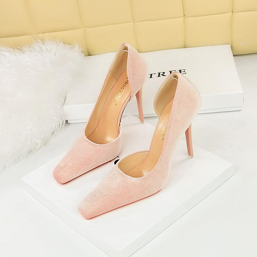 Women's Banquet High Heels Slim Heels Shallow Mouth Square Head Side Hollow Single Shoes