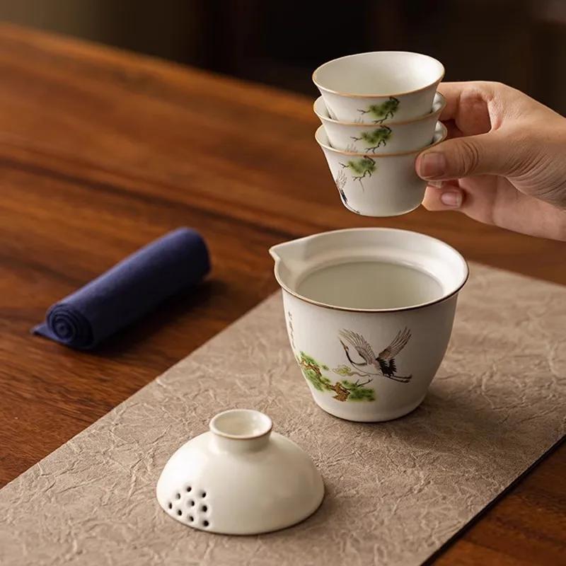 Rice White Ru Kiln Travel Tea Set, Ceramic Minimalist Kuaike Cup, Portable Outdoor Camping Tea Set, One Pot and Three Cups