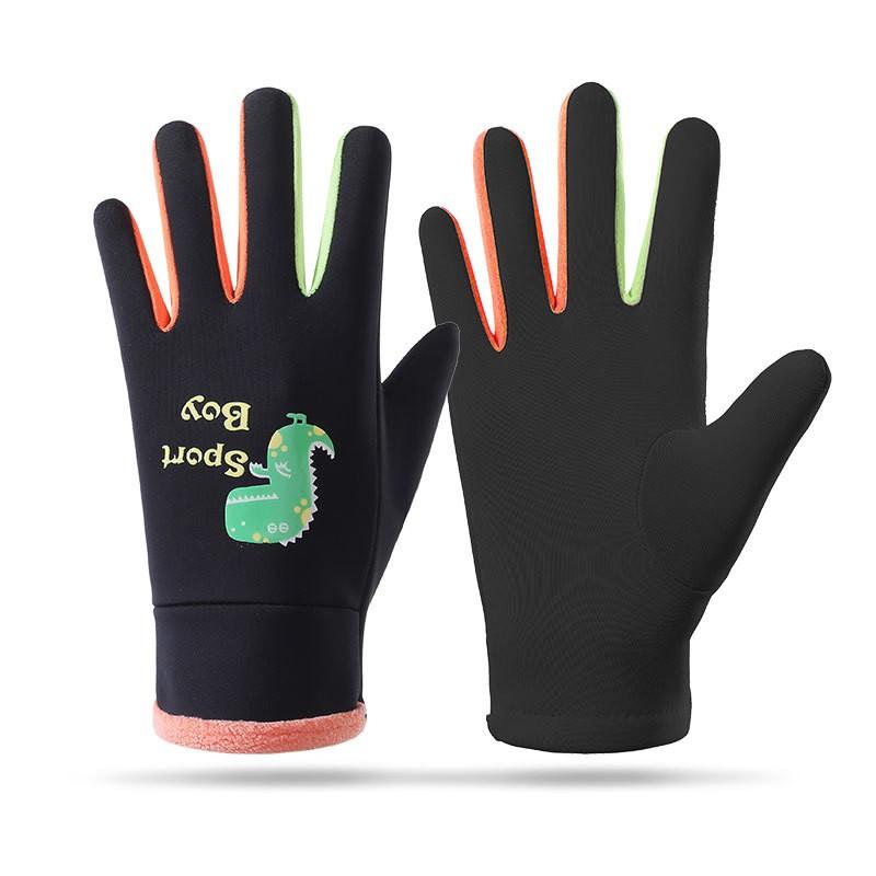 Kids Warm Fleece-Lined Gloves With Glow-in-the-Dark Dinosaur Print Water-Resistant Outer Full-Finger Design