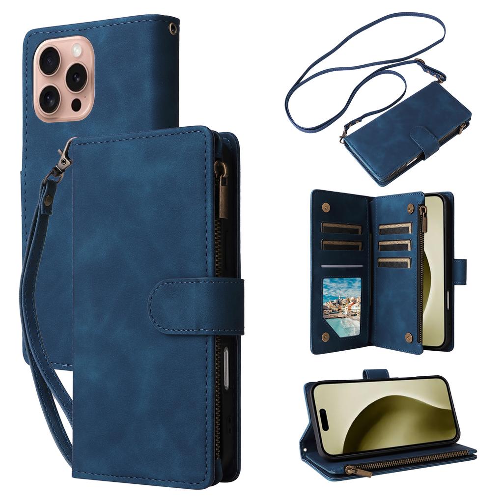 For iPhone 16 Pro Case Zipper Multi-Pocket Wallet Leather Phone Cover with Shoulder and Wrist Straps