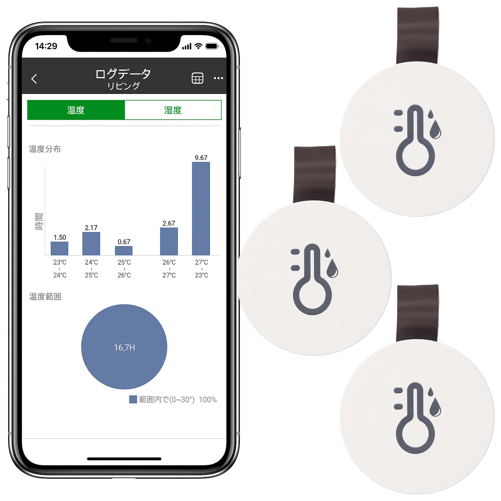 

Smart with Digital Smartphone Smart Data Storage Compact Round Shape Thermometer/Hygrometer Bluetooth, Thermometer/Hygrometer, Compatible, Sensor, білий