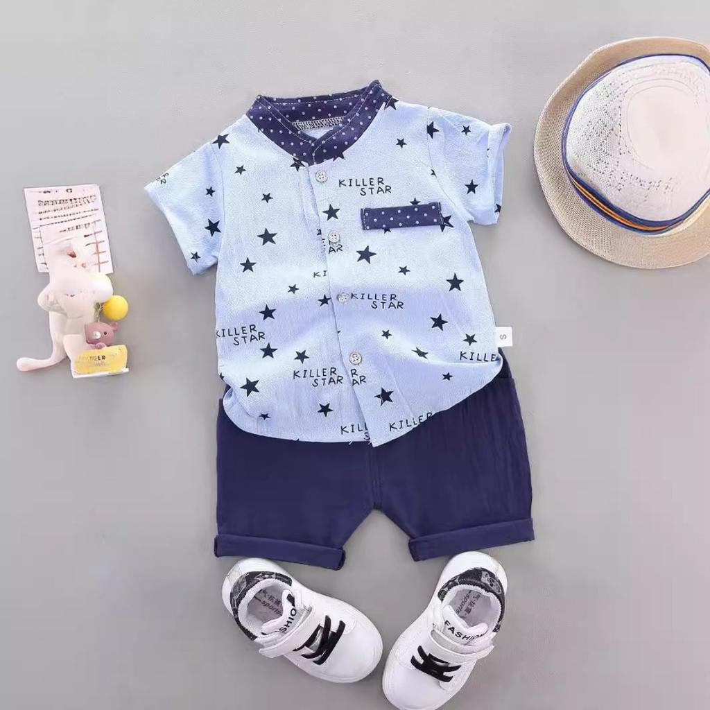 Summer Printed Pyramid Shirt Short Sleeved Shorts Set for Male and Female Infants and Young Children