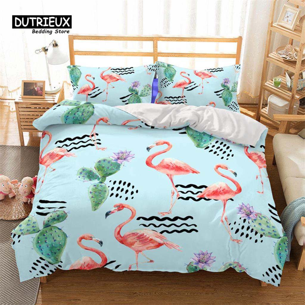 Soft Flamingo 3D Print Bedding Set Fresh Style Cartoon Animals Green Leaves Tropical Fruit Floral Duvet Cover With Pillowcases