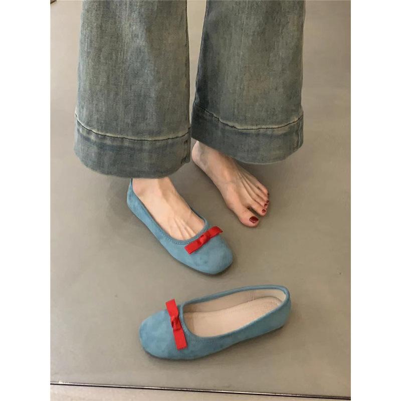 

Французские балетки с круглым носком и бантом для девочек, летние новые туфли на плоской подошве для девочек 2025 года, нежные вечерние туфли, одинарные туфли 35 синий