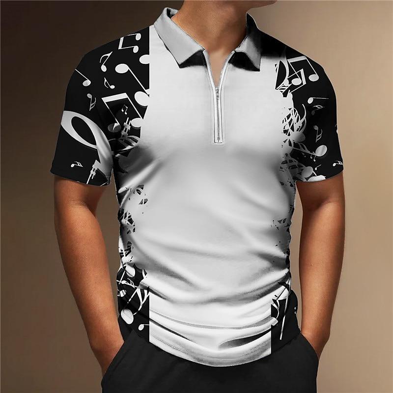 Men's Shirt Polo Casual Zip Short Sleeve Fashion Casual Zipper Summer Spring Regular Fit 3D Black Note Print Shirt