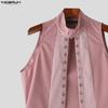 INCERUN Men Stand Neck Sleeveless Open Front Eyelet Casual Cosplay Long Vest Cardigan