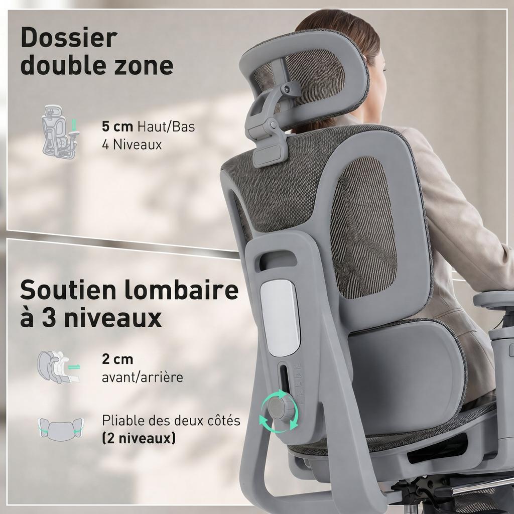 Office Chair, Ergonomic, 6D Armrests, Adjustable Headrest and Seat Depth, Grey Mesh