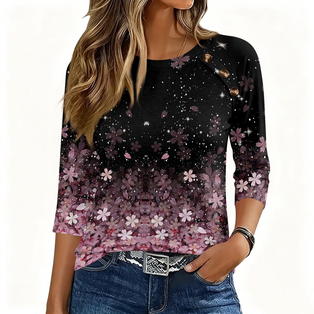 Women 34 Sleeve Crew Neck Button Decor Top Floral Print Loose Fit Blouse Casual Pullover Shirt for Daily Wear Office Home