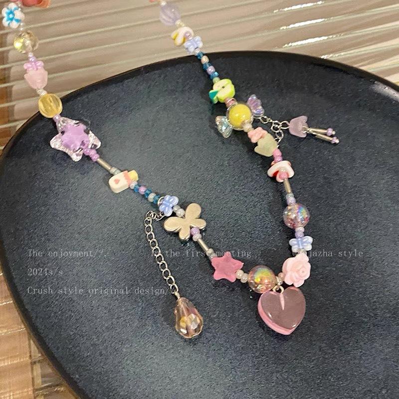 Cute Sweet Girl Colored Beaded Candy Necklace Female Niche Design Sense Neck Chain Dopamine Sweet Cool Hottie Collarbone Chain