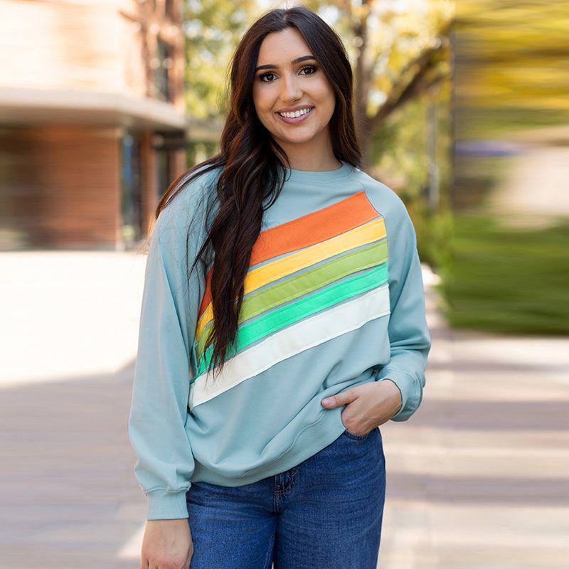 

2025 Fall and Winter New Arrival Rainbow Color-Blocking Stripes Sweatshirt Women European and American Leisure Loose Slim Fit Pullover Tops Women Light blue P804 Size XL fit (70.00 kg-75.00 kg