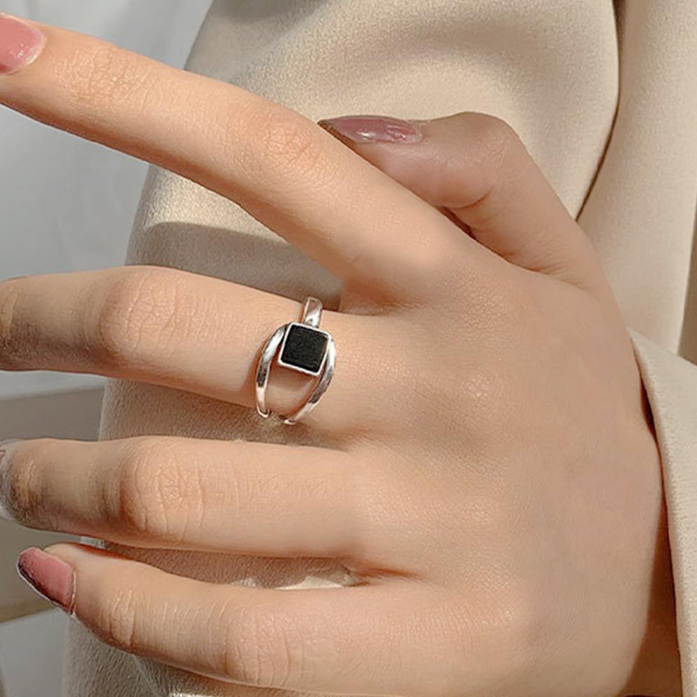 PANJBJ 925 Sterling Silver Geometric Black Stone Rings for Women Girl Korean Simple Adjustable Couple Jewelry Dropshipping