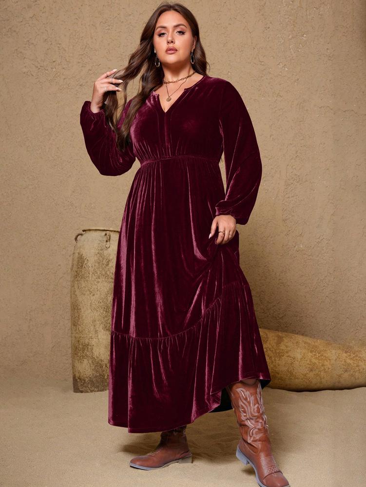 Plus Size Velvet Lantern Sleeve Slit V-neck Dress for Women (2025)