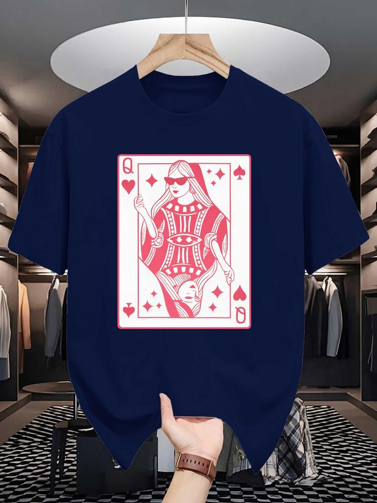 Yellow Unisexs Tee Retro Poker Queen Card Print Crew Neck Cotton Short Sleeve Fashion Male Street Summer Soft Daily Casual Wear