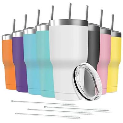 Conjunto de Copos Térmicos de Viagem Isolados de Aço Inoxidável de 30oz Pacote com 8 com Tampa, Canudos e Escova de Limpeza Copo de Café Isolado a Vácuo de Parede Dupla