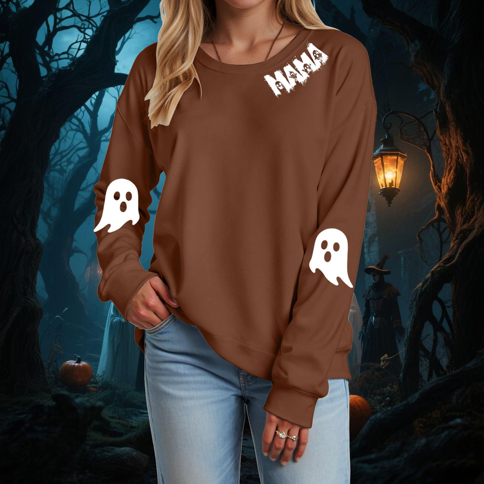 

Women s Fashion Casual Round Neck Long Sleeve Print T-shirt Top(MAMA) XL кофейный