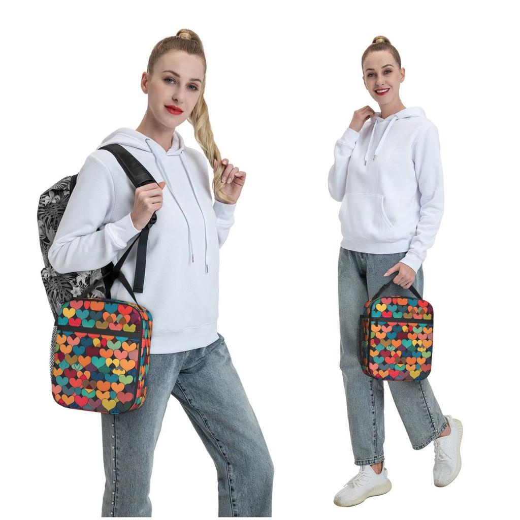 Colour Hearts Pattern Insulated Lunch Bag for Women Kids Leakproof Food Boxes Thermal Lunch Box Tote
