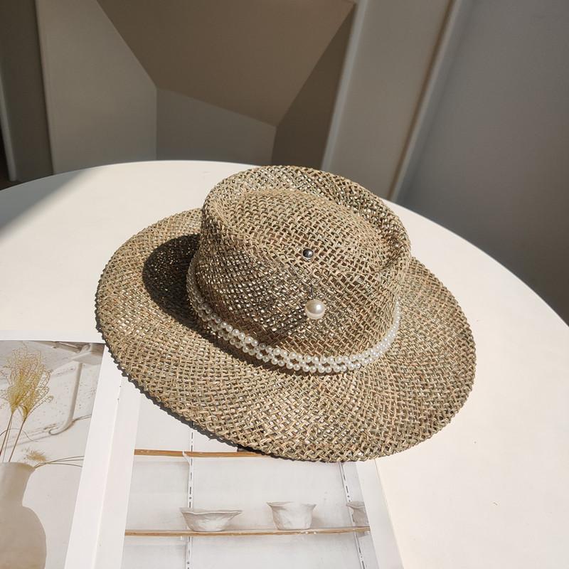 Women Summer Hats Pearls Band Straw Fedora Hat Sea Grass Ladies Wide Brim Sun Hat Hollow Out Style Boater Hat Holiday Beach Hat