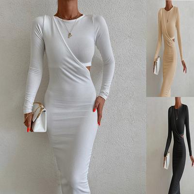 Autumn Women Hollow Stitching Asymmetrical Slim Long-sleeved Dress