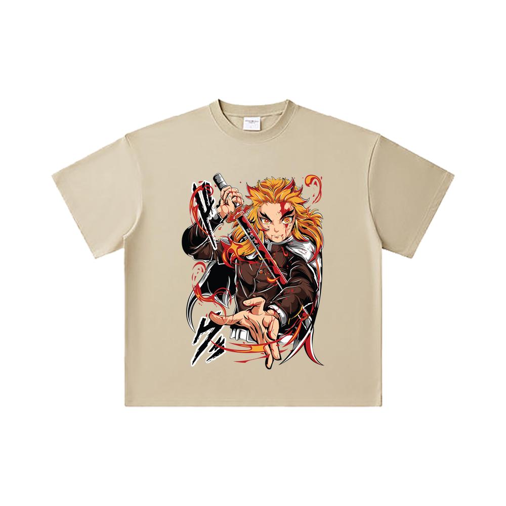 260 GSM Double Yarn 32 Count 100% Cotton Demon Slayer V85 Rengoku Print Unisex Heavy Cotton T Shirt
