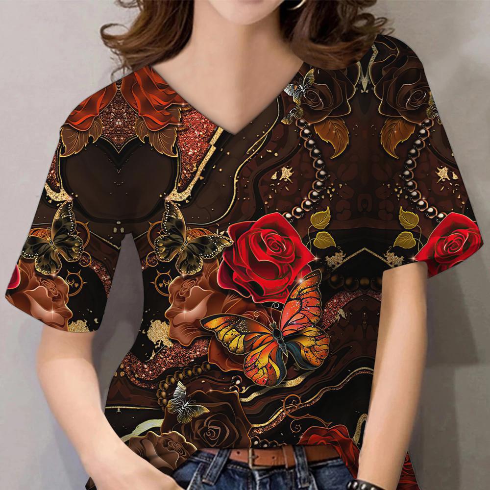 3D Floral Print Women Short Sleeve Tops V Neck Summer Lovers Couples T Shirt