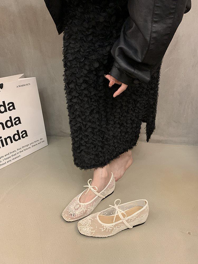 Mary Jane Shoes 2025 Single Shoes Women's Shoes Mesh Fairy Shallow Mouth Inner Height Increase Spring Breathable Bow New