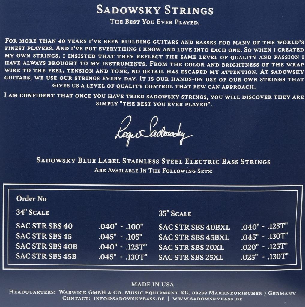Sadowsky Blue Label Bass Stainless SBS45 Blue Strings, Steel, 4-String, 045-105,