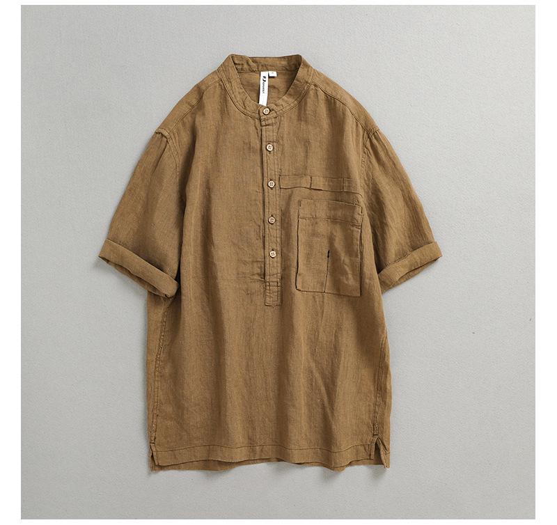 

Men s Solid Color Linen Stand Collar Pullover Shirt - 2023 Summer Collection, Five-Sleeve Design M хаки