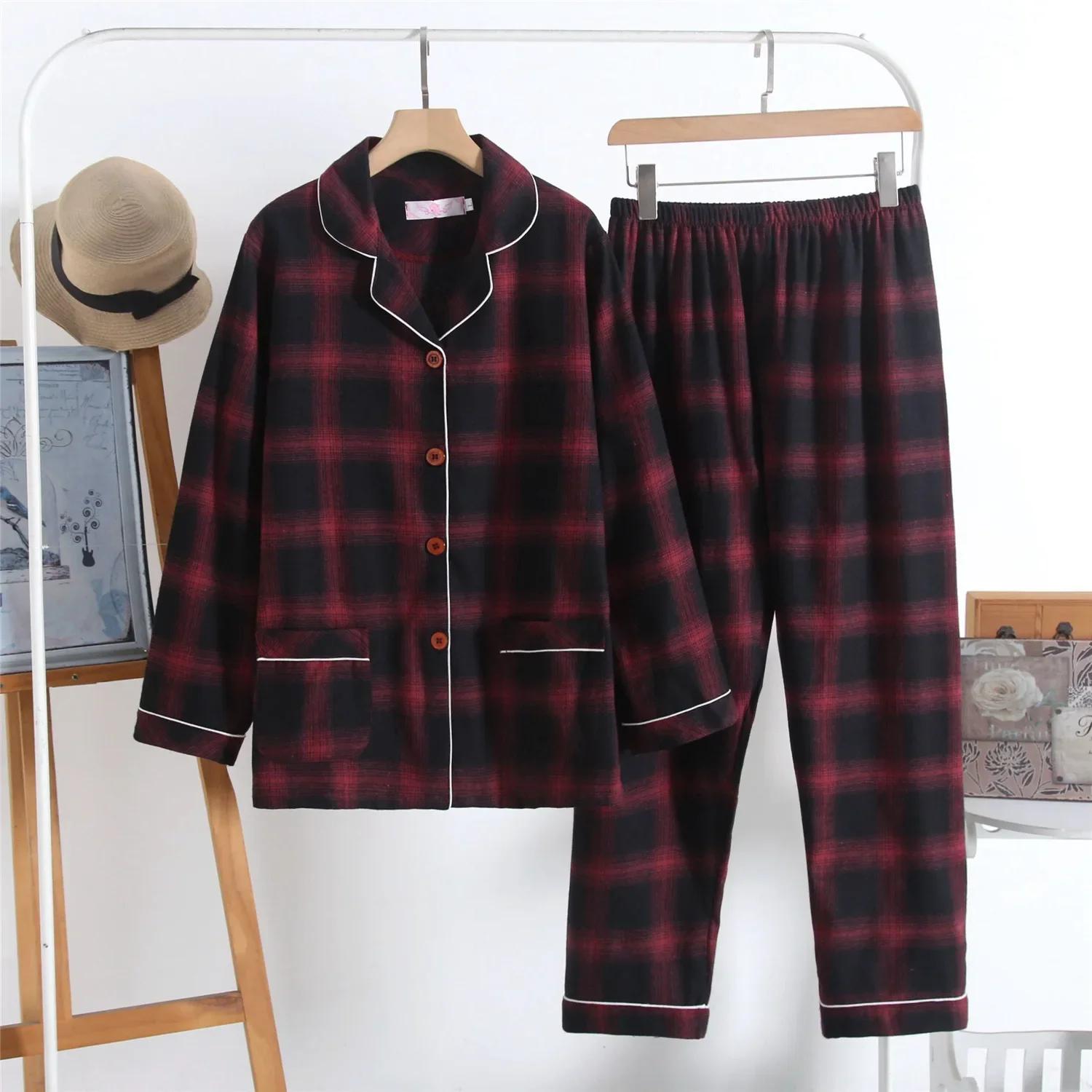 

Женский осенне-зимний хлопковый фланелевый кардиган с длинными рукавами, клетчатая одежда с длинными брюками, женские комплекты из двух предметов 2XL