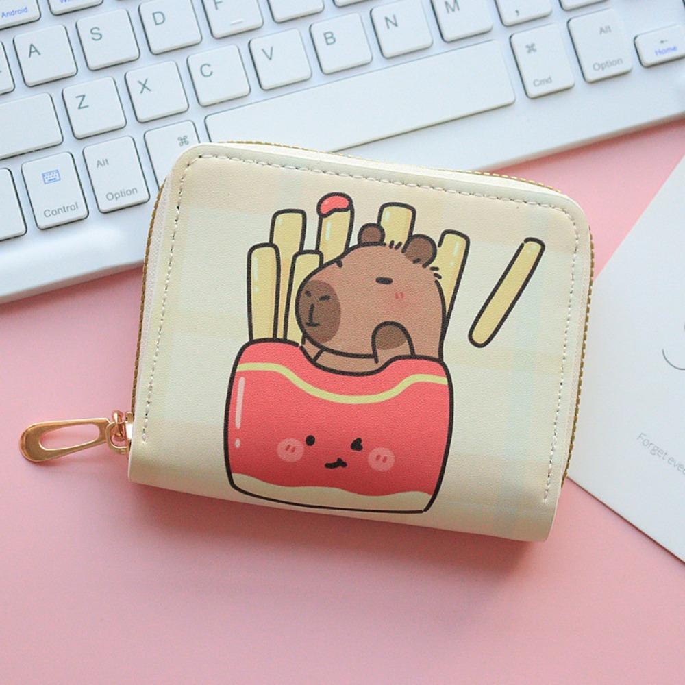 Cute Cartoon Capybara Short Wallet PU Leather Zipper Coin Purse Multi Slot Credit Card Holder Waterproof Storage Bag Key Bag
