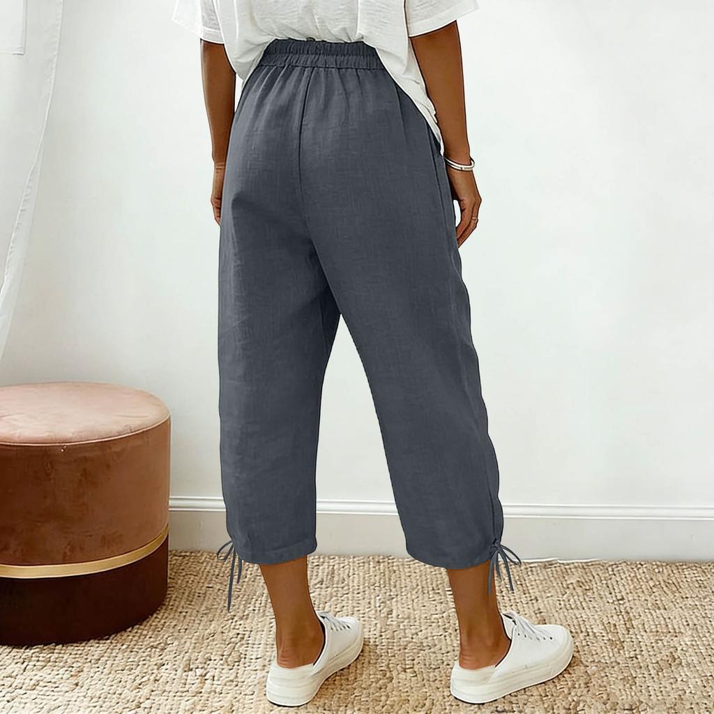 Women Loose Cotton Linen Drawstring Solid Pocket Casual Capri Pants