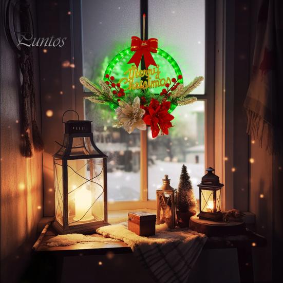 

Christmas Wreath with LED Light Red Berries Bow-knot Design Battery-Operated Glowing Handcrafted Wreath Xmas Pendant