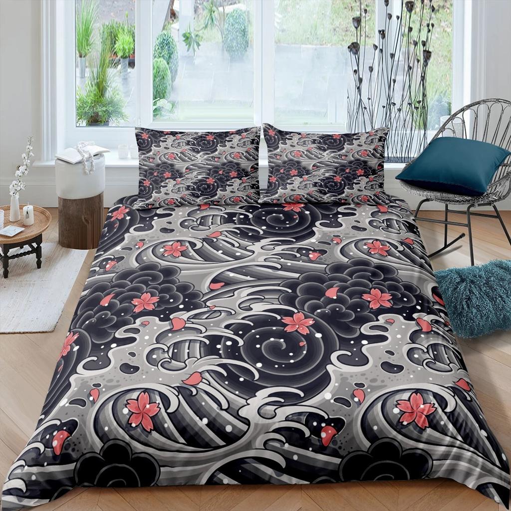 Funda Nórdica de Grulla Japonesa Tamaño King Queen Flor de Ola Estilo Ukiyo-e Juego de Ropa de Cama Cultura Oriental 23 Piezas Funda de Colcha de Poliéster