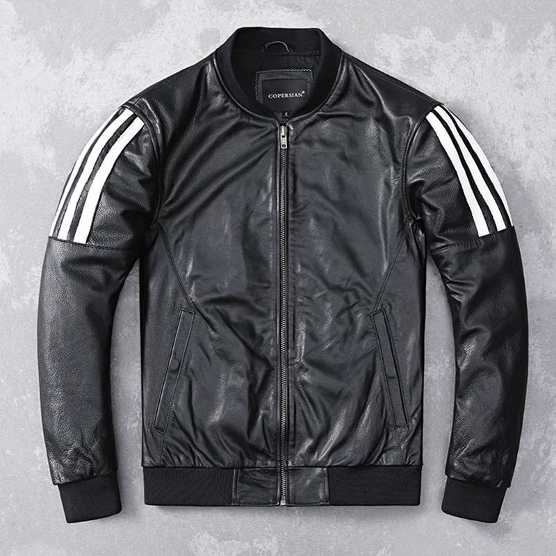 Embroidery Patches Baseball Jackets Genuine Cowhide Leather Jacket Men Motorcycle Biker Coats Autumn Mens Coat