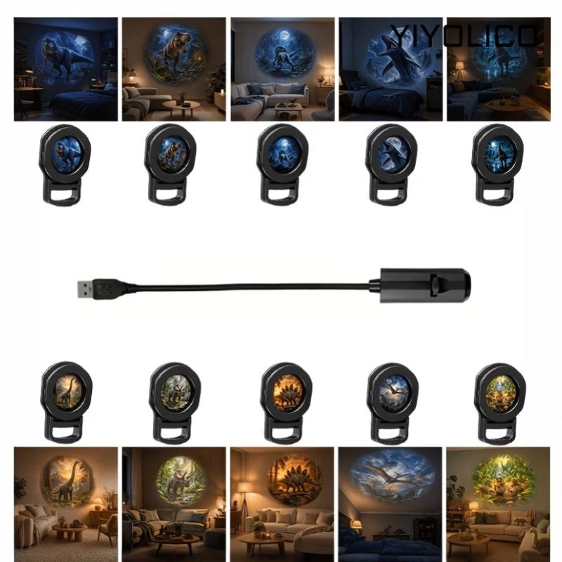 USB Dinosaurier Projektionslicht 10 austauschbare Folien 360° verstellbare HD Projektorlampe Kinderzimmer Auto Dekor